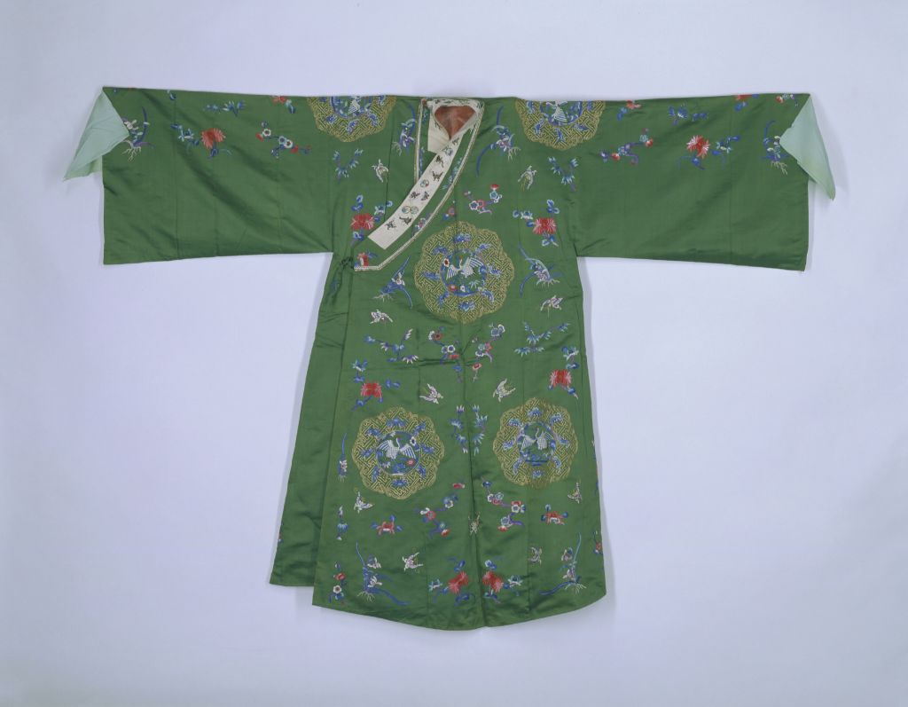 图片[1]-Green satin plain gold embroidered ten regimented crane pattern open cloak-China Archive